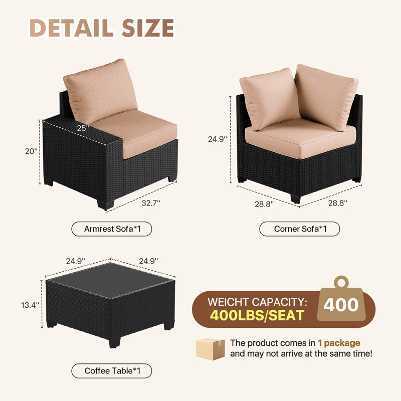 2 -Person Rattan Patio Safo With Cushions, Beige, Black