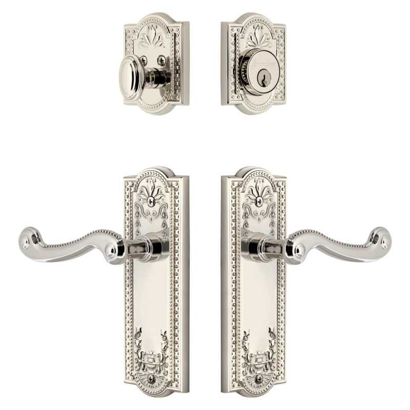 Grandeur Parthenon Long Plate Entry Set with Newport Lever in Vintage Brass, 2.75", Polished Nickel, Right Handed