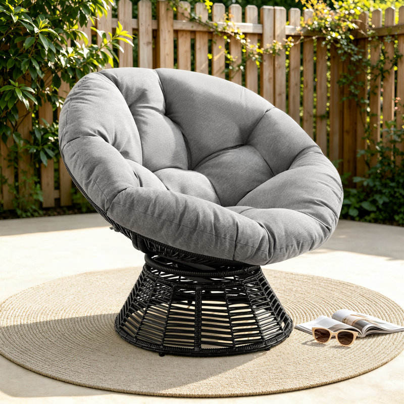 Charlcy Swivel Papasan Chair with Cushion, Gray