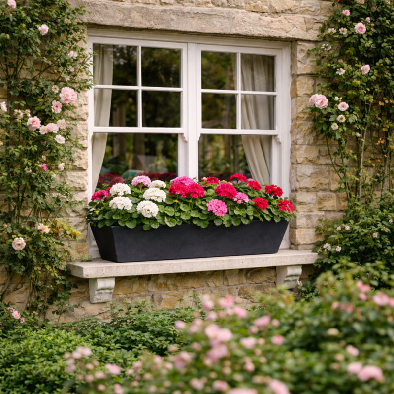 Bini Window Box, Contemporary Concrete Effect Plant Pot, Outdoor Windowsill Planter with Drainage Plug, Black