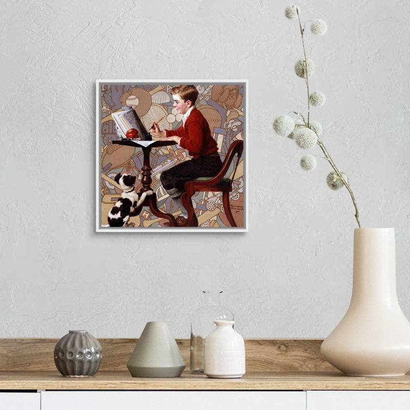 Garçon lisant un catalogue sur toile Sears, H 14 po x l 14 po x P 1,75 po, Cadre flottant blanc