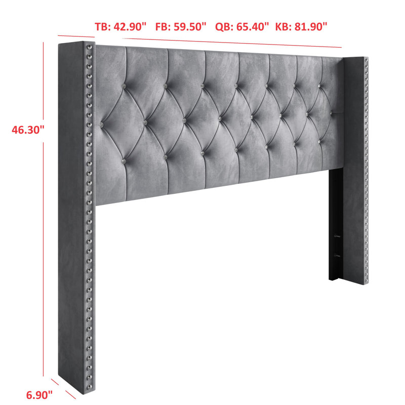 Gretna Tufted Upholstered Velvet Headboard, King, Silver Gray