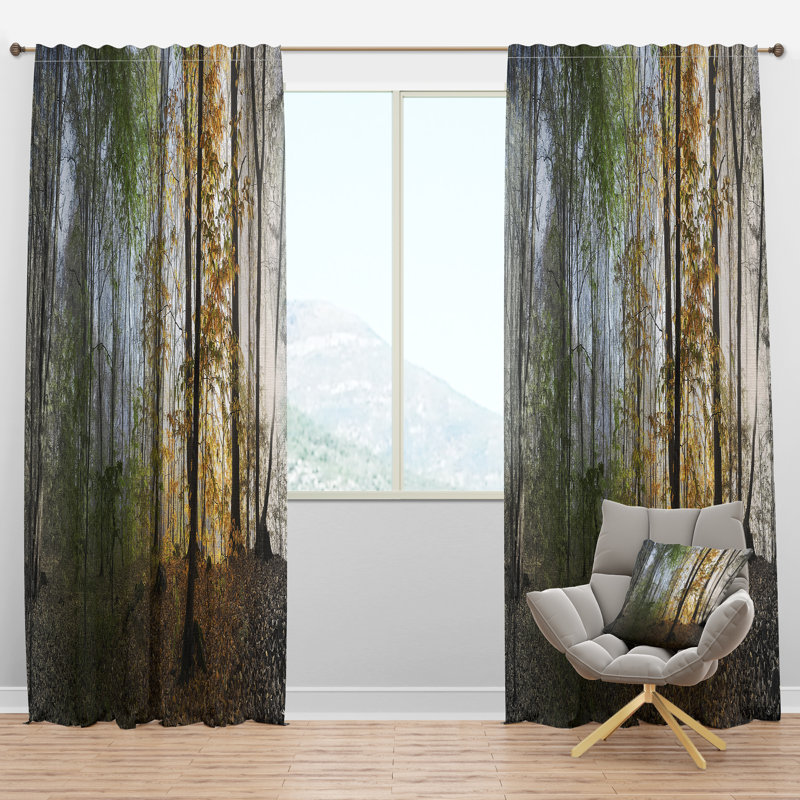 Forest Curtain Panel, Morning Nature Room Darkening Decor - Morning Forest Panoramic View, 52"W x 120"L