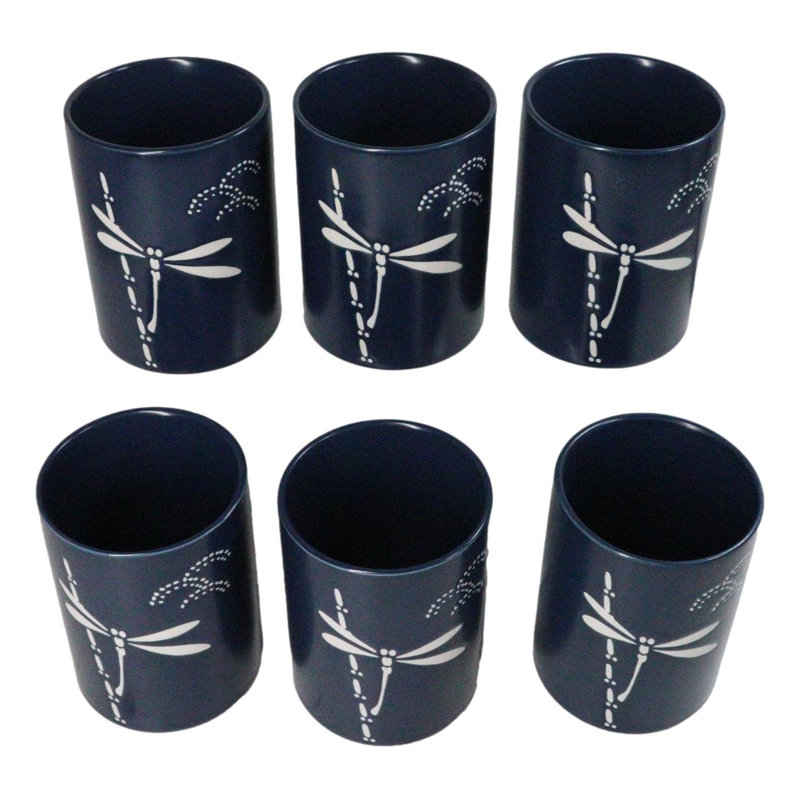 Service de 6 tasses à thé japonaises Yunomi « Libellule bleue », en céramique à glaçure réactive, 30 cl.