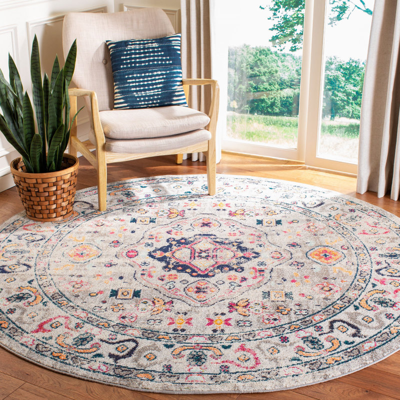 Felty Oriental Gray/Blue/Orange Area Rug, Round 3'