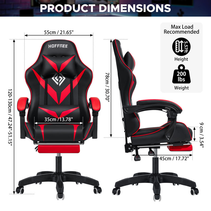 Ivy Bronx Adjustable Reclining Ergonomic Faux Leather PC & Racing Game Chair with Massage, Black, Red/Black