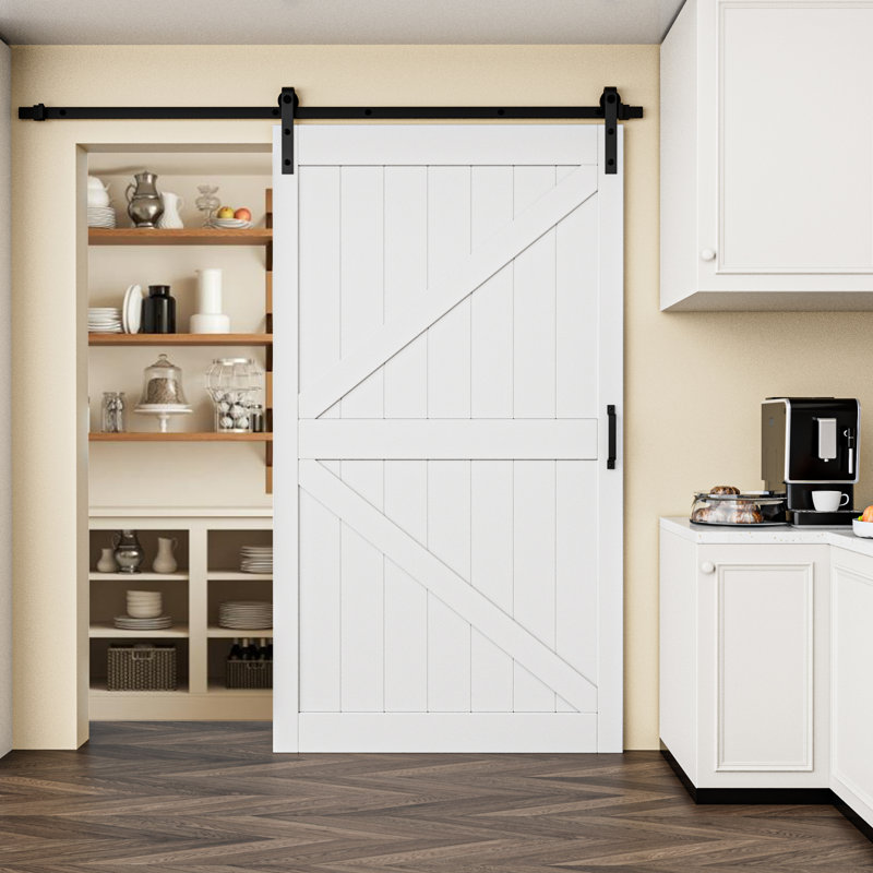 84'' Modern K Shape, Primed Sliding Barn Door with Soft Close, Installation Hardware Kit, 48" x 84"