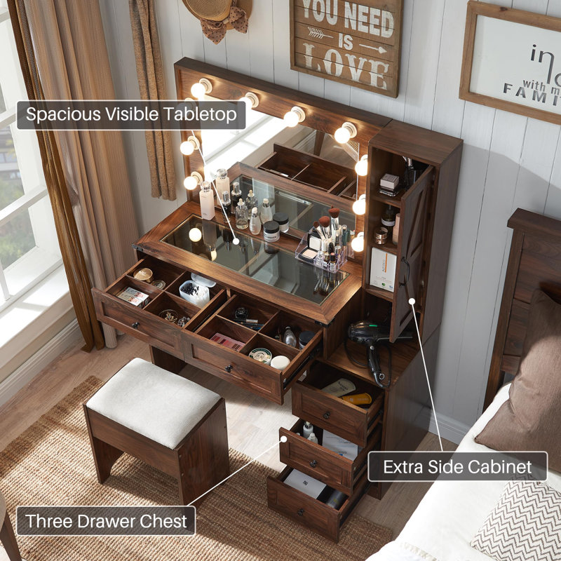 Narvis 43" Makeup Vanity Desk with LED Lighted Mirror & Power Outlet & 5 Drawers, Vanity Set with Stool, Brown