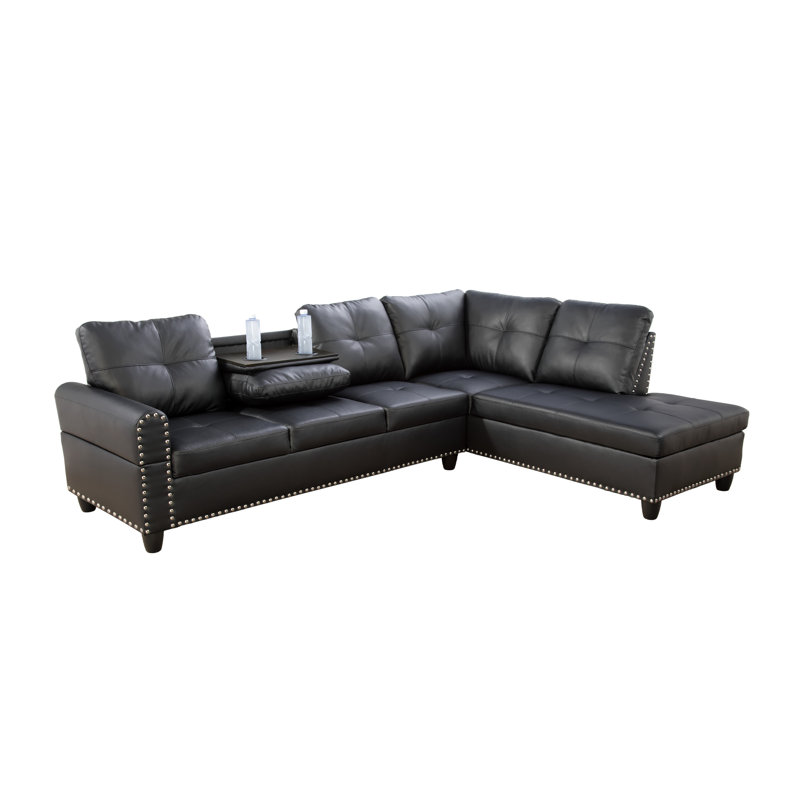 Mascotte Upholstered L-Shaped Sectional, Right Hand Facing, Black Faux Leather