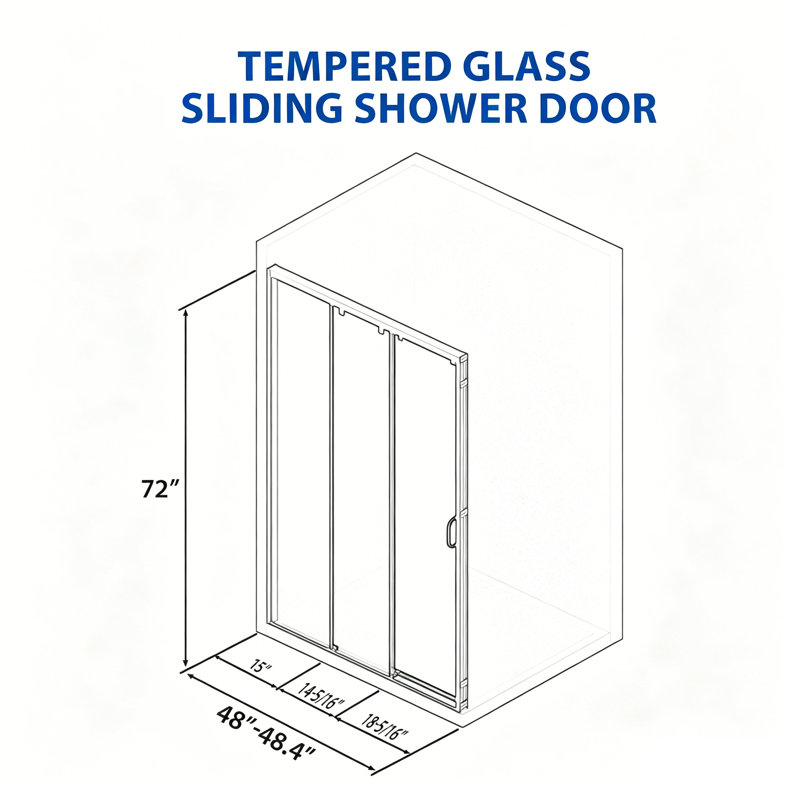 48"-48.8" W x 76" H Triple Panel Sliding Shower Door, 8mm Tempered Glass, Stainless Steel Frame, Brushed Silver