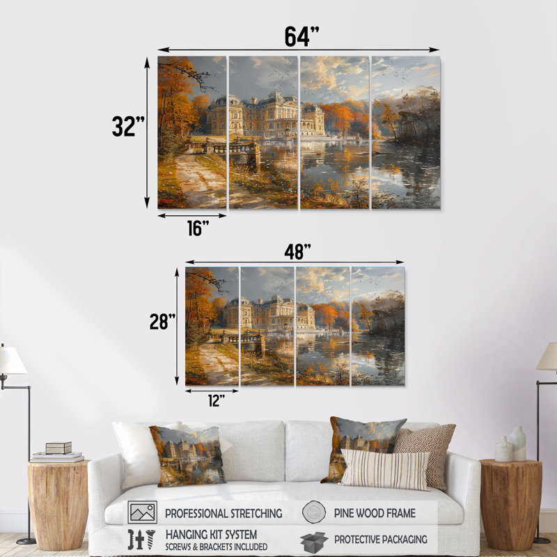 Ensemble de salon art mural jaune et beige Renaissance en France III - Châteaux, H 32 po x l 64 po