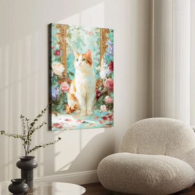 Tableau à l'huile vintage représentant un chat orange et blanc entouré de roses. Grande toile tendue sur châssis, idéale pour le salon ou la chambre.