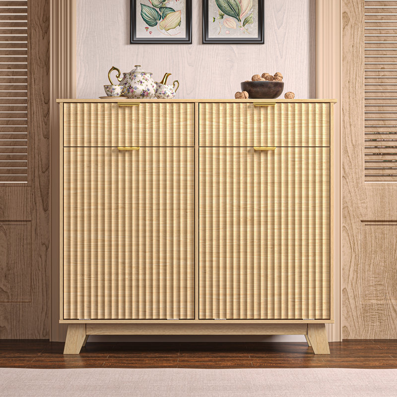 Wave Design 2-Door 2-Drawer Tilt Out Trash Cabinet, MDF Freestanding Kitchen Laundry Storage (Trash Can Not Included), Beige