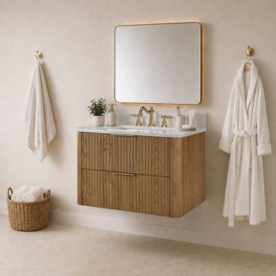 Meuble-lavabo flottant 30 po avec lavabo, meuble-lavabo mural cannelé, comptoir en faux marbre, tiroir à fermeture en douceur, entièrement assemblé, brun chêne clair