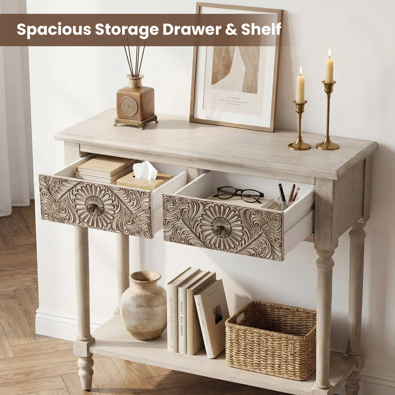 31.5" W 2-Drawer Carved Console Table