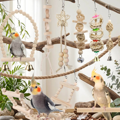 Ensemble de 9 jouets pour perroquets 9 pièces - Balançoires, perchoirs, hamacs et échelles en bois suspendus et debout pour petits et moyens oiseaux