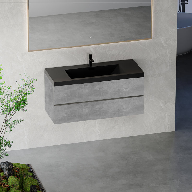 Meuble-lavabo flottant 48 po avec lavabo, armoire de rangement murale avec lavabo à quartz noir et tiroirs à fermeture en douceur entièrement assemblés, gris ciment Edi-Series