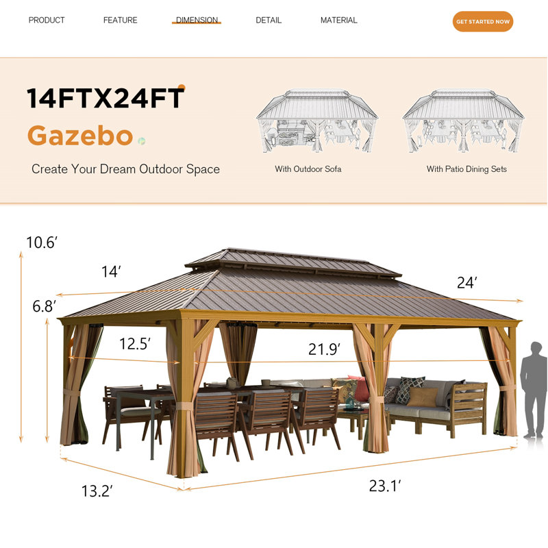 14 Ft. W X 24 Ft. D Pro Series Aluminum Patio Gazebo, Premium Hardtop Gazebo With Galvanized Steel Double Roof, Permanent Outdoor Metal Pavilion With Curtain And Netting For Patio, Lawn, Deck