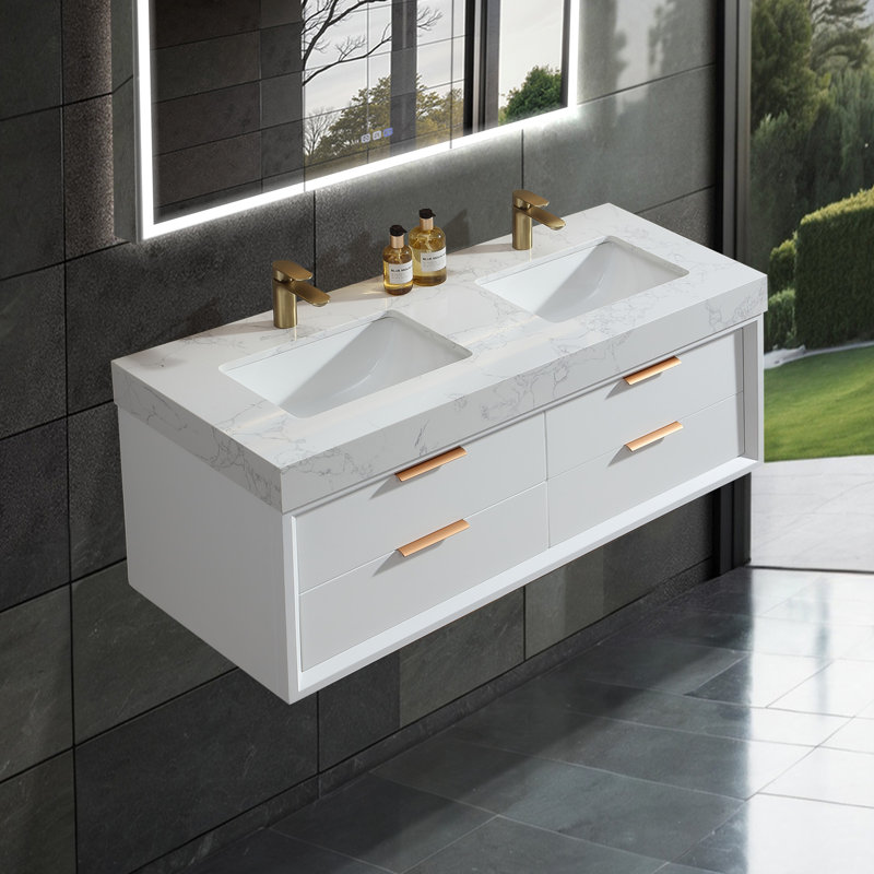 Meuble-lavabo mural simple en bois massif de 48 po avec comptoir en pierre et lumière, Blanc