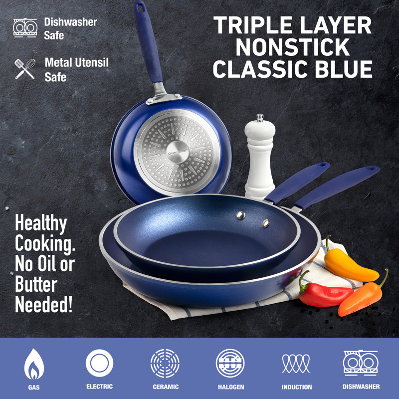Blue Aluminum Nonstick Fry Pan Set with Silicone Handles