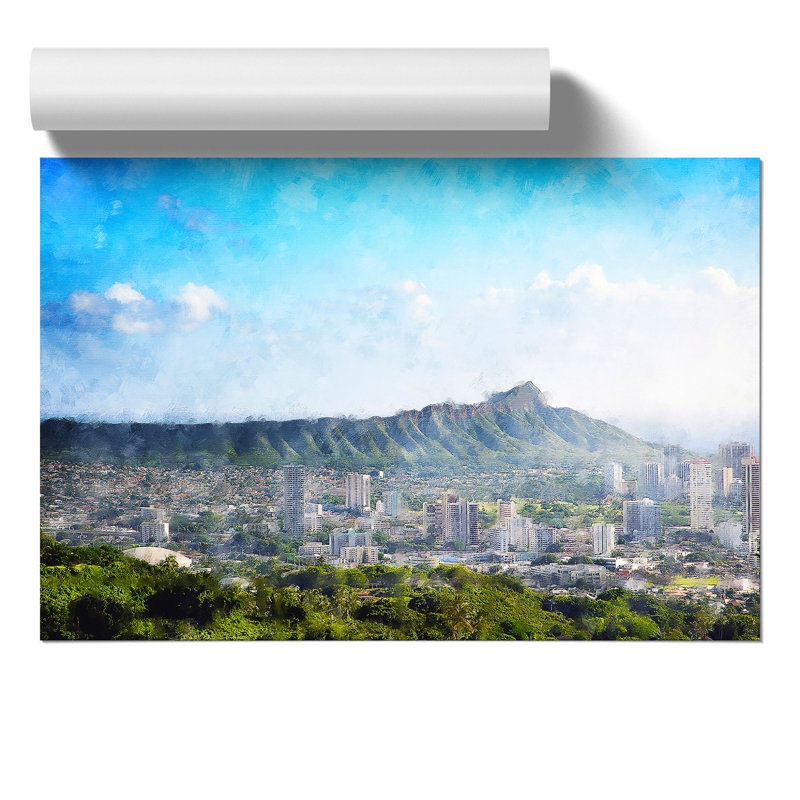 Honolulu Oahu Skyline in Hawaii Painting - Frameless Print, 21cm H x 30cm W x 0.1cm D