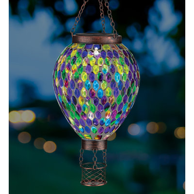 15" Hanging Solar Hot Air Balloon Lantern with Glass Panels and Metal Frame - Multi