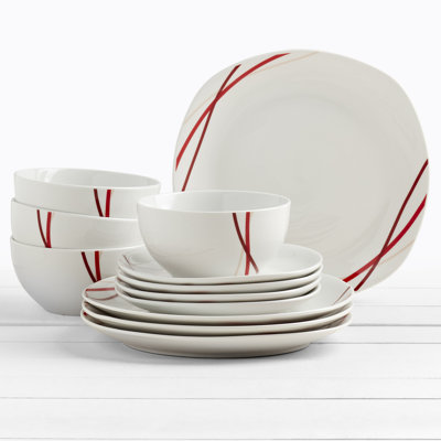 Tabletops Gallery Adrian 12 Piece Porcelain Dinnerware Set In White With Red Stripes- Service for 4