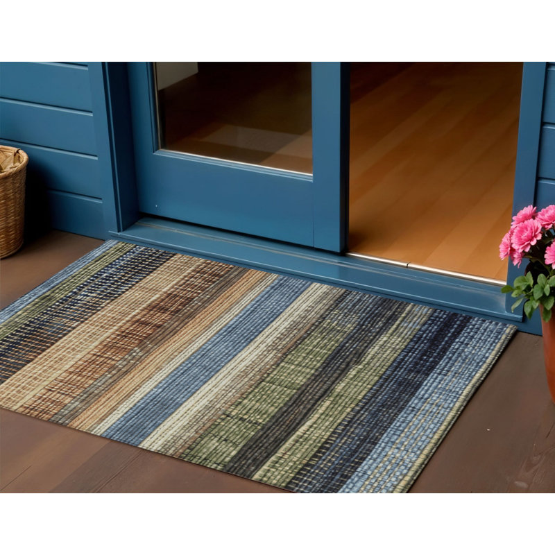 3' X 5' Blue And Brown Striped Washable Indoor Outdoor Area Rug