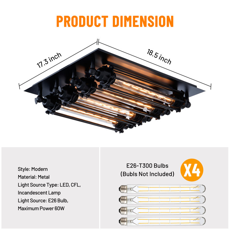 4-Light 17.3" Industrial Black Flush Mount Ceiling Light