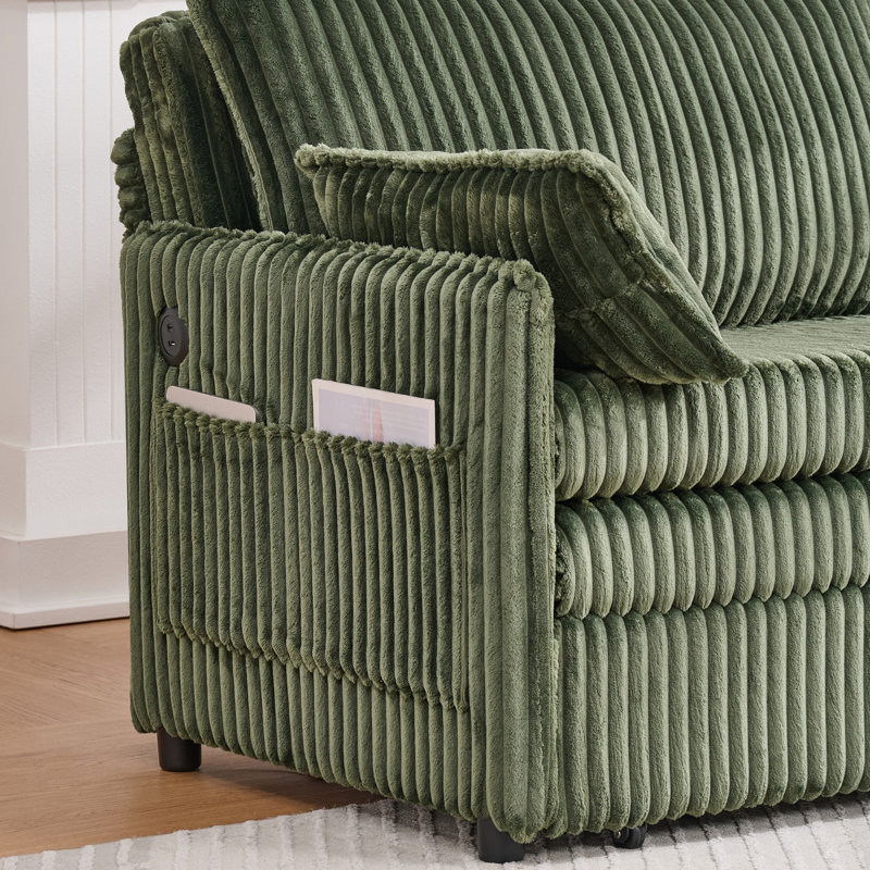Corduroy Upholstered Convertible Sleeper Sofa Bed with Pull Out, USB Port, Green