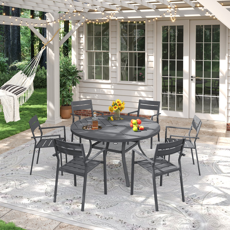 6-Person Patio Dining Set With Metal Chairs, Gray/Gray