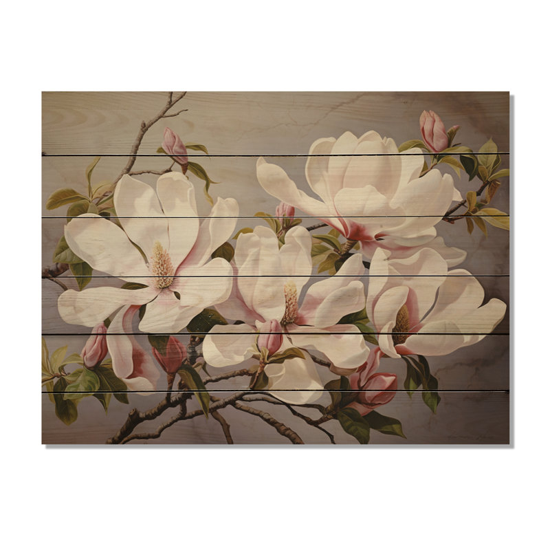 Magnolias blanc, rose et blanc - impression sans cadre sur bois, H 10 po x l 20 po x P 0,78 po