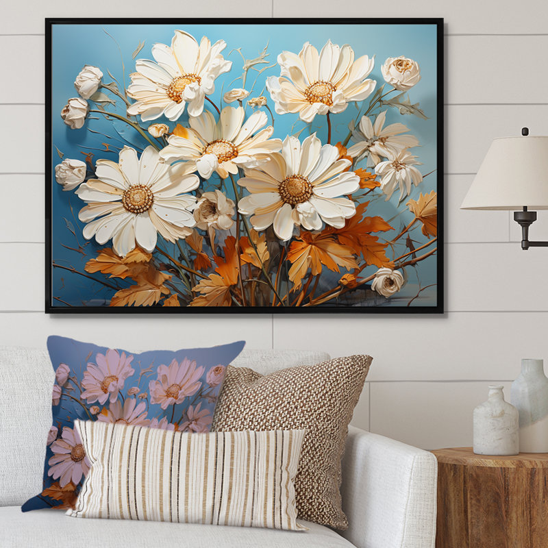«White Daisy Efflorescence Bouquet Serenity II», reproduction sur toile, H 32 po x l 16 po x P 1 po, Cadre flottant noir