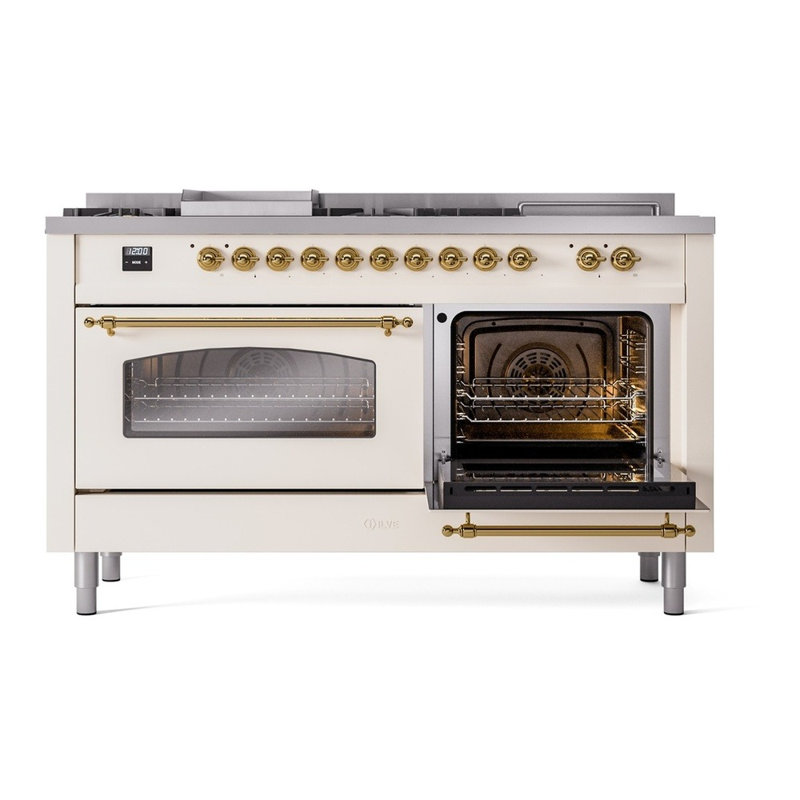 ILVE Nostalgie II 60 Dual Fuel Range, 5 Burners, Griddle, Frenchtop , Natural Gas, Antique White/Brass