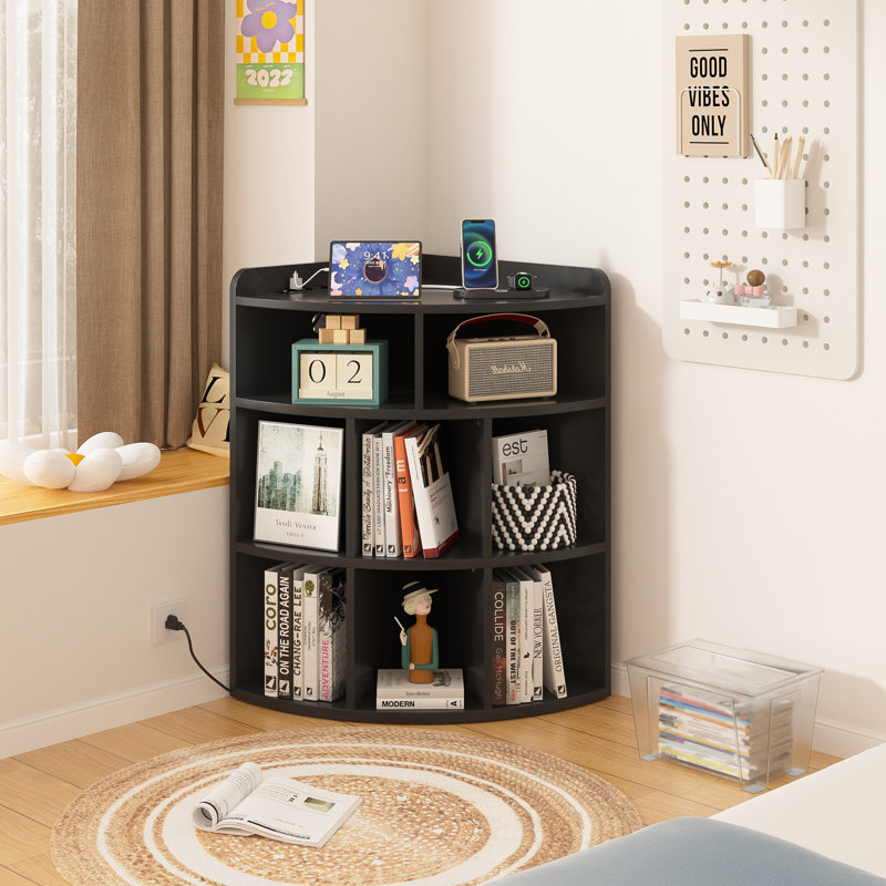 Cayhlin Wooden Corner Cabinet Storage With USB Ports And Outlets, Corner Cube Toy Storage For Small Space, Black