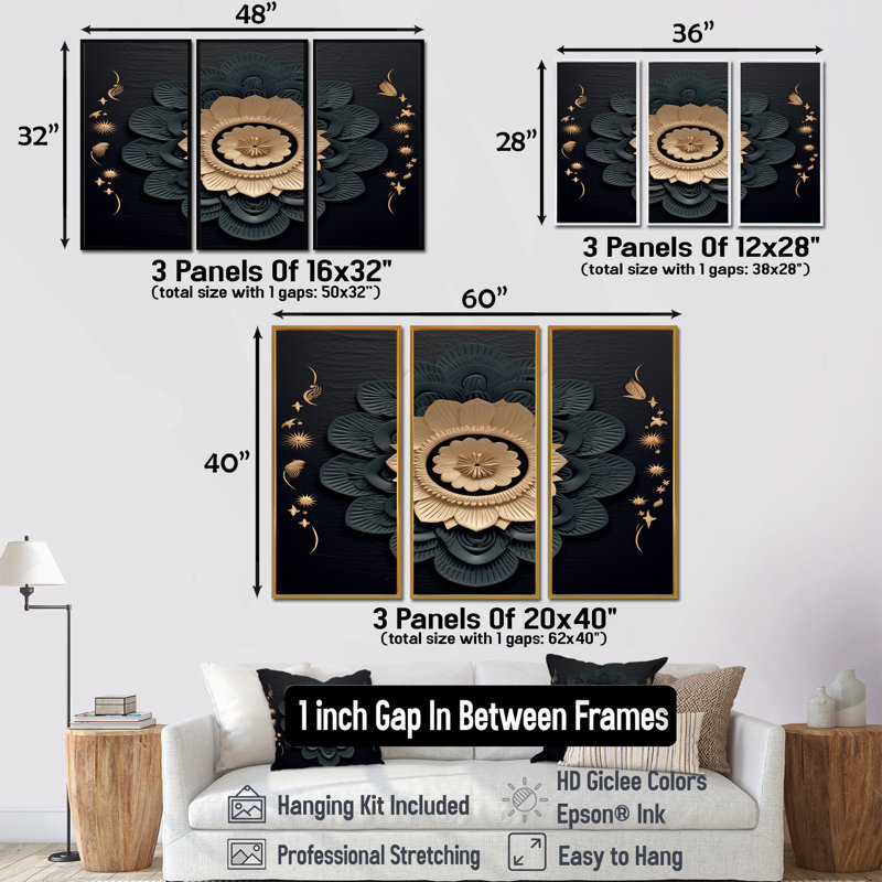 Or et fleur de lotus noir - ensemble d'art mural botanique, Cadre flottant noir, H 40 po x l 60 po x P 1 po