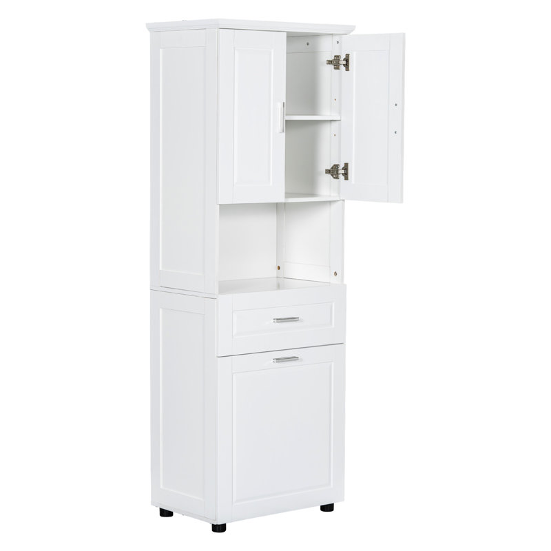 Rangement de salle de bain blanc avec panier à linge, armoire basculante