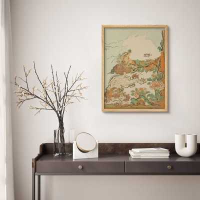 Framed Oriental Dragon and Peony Wall Art, Vintage Chinese Folklore Print for Asian-Inspired Living Room Decor