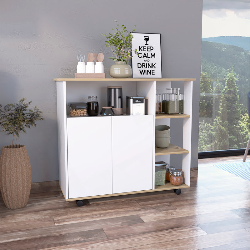 Kitchen Island Kamkacht, One Cabinet, Four Open Shelves, White Finish, Natural/White