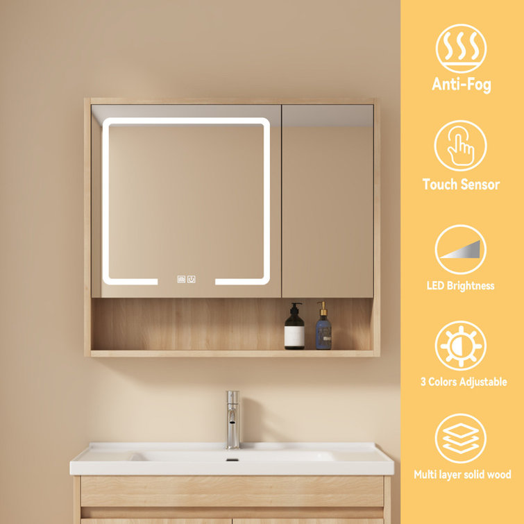 Medicine Cabinet Mirror with Led Light 32" W x 28" H Lighted Vanity Mirror Wall Mounted Bathroom Storage Cabinet,Defog,Stepless Dimming,Medicine Cabinet with Lights 3-Colour Temper Chang,GreyWalnut