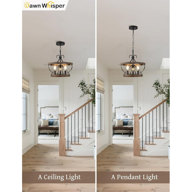 Luminaire de style lustre de style campagnard avec 3 lumières, conception de tambour en bois rustique pour la salle à manger, la cuisine et la lampe suspendue dans le vestibule