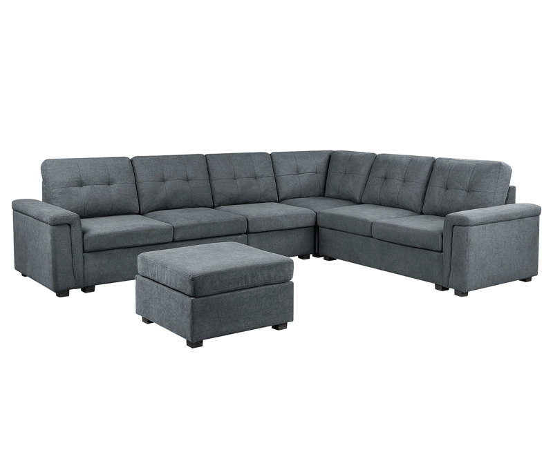 Isla 119" Gray Woven Fabric 7-Seater Sectional Sofa With Ottoman, Left Hand Facing