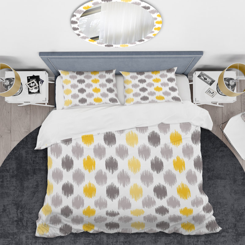 Grey And Yellow Ikat Ogee Polyester Geometric Shapes Duvet Cover, King Duvet Cover + 2 King Shams