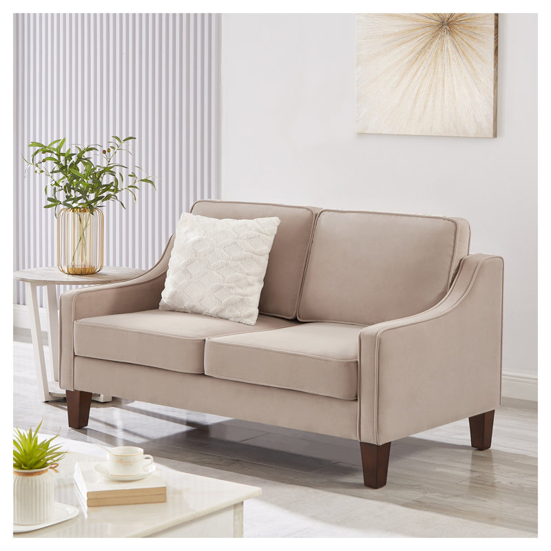Canapé moderne en velours taupe avec accoudoirs carrés et structure en bois d'hévéa