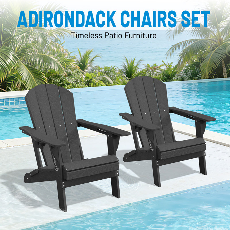 Oversized All-Weather Foldable Adirondack Chair with Cup Holder（Set of 2） , Black, Set Of 2