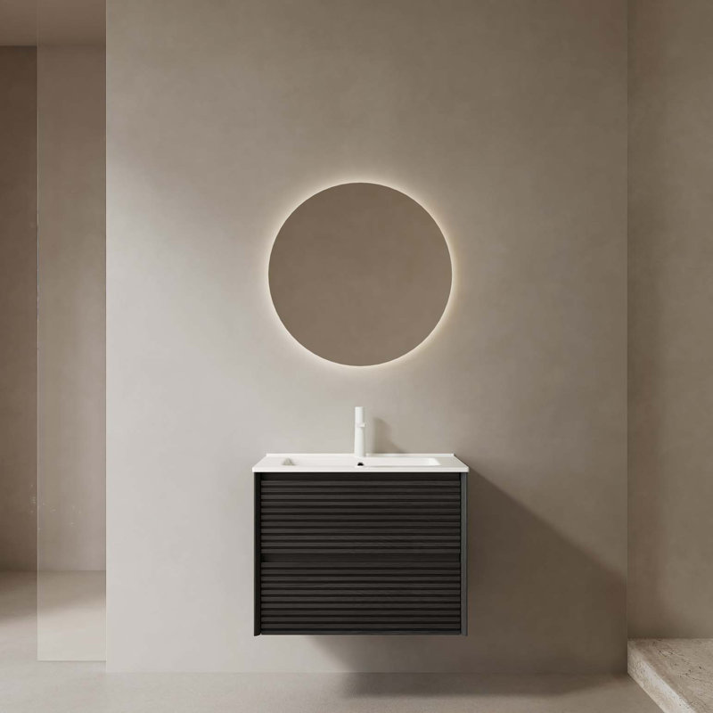Meuble-lavabo de salle de bain avec lavabo, armoire de rangement murale en contreplaqué flottant avec tiroirs, lavabo en céramique avec couvercle et trou de lavabo, pré-assemblé