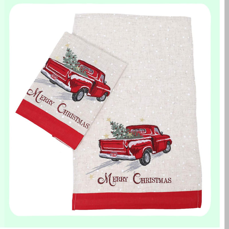 Festive Truck Print Kitchen Towels, 14x22, Natural