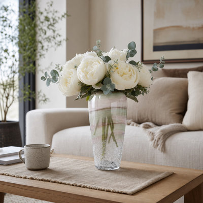 Elegant Crackled Glass Vase with Sculptural Tall Shape for Home Decor - Decorative Flower Vase Accent for Entryway Table or Shelf- Clear & Frost