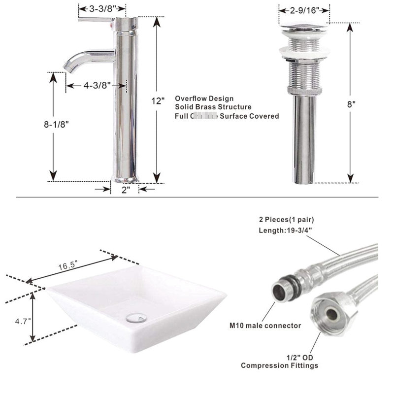 Lavabo vasque de salle de bain carré en céramique 16,5 po en blanc, avec coussins antibruit