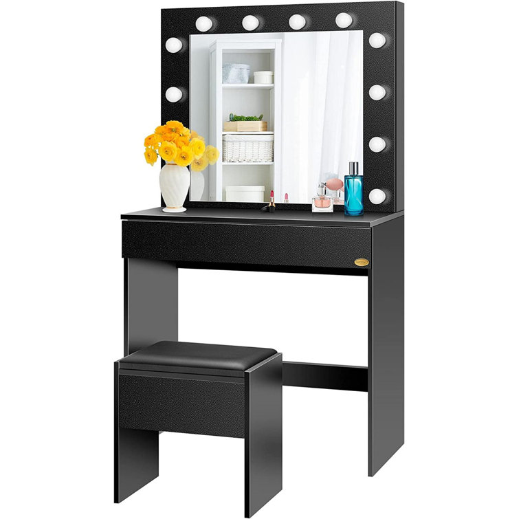 Makeup Vanity Table with Lighted Mirror, Vanity Desk with Storage Shelf and 4 Drawers, White Ebern Designs